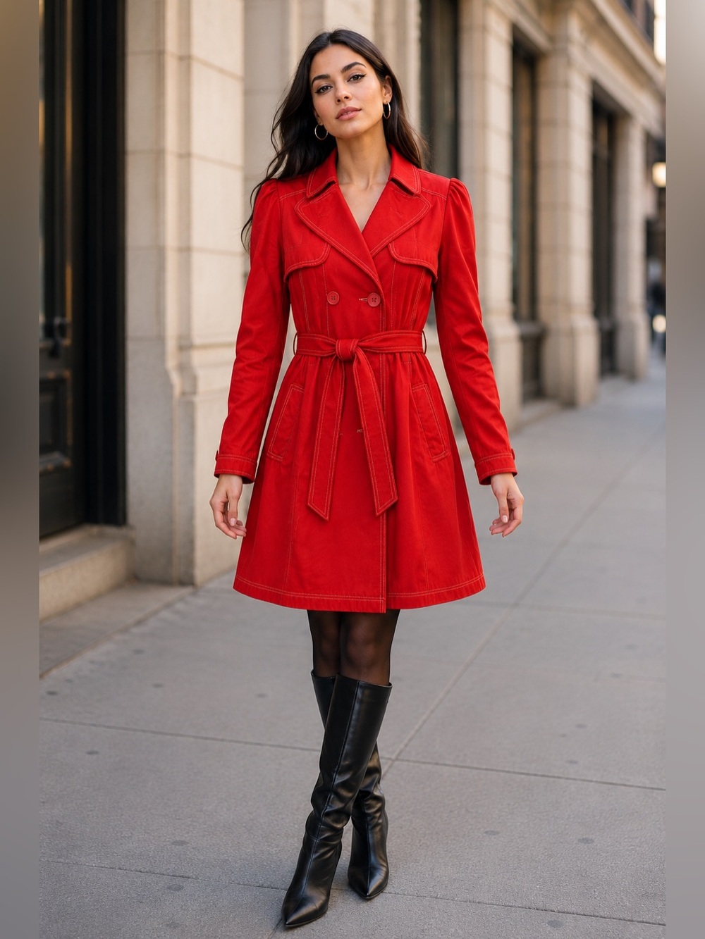 Yashmi Y2K Red Trench Coat Womens M Belted Fit Flare Contrast Stitch Long Jacket